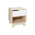 A small wooden nightstand with a light natural wood finish and a white drawer front, shown against a plain white background.
