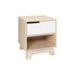 A small wooden nightstand with a light natural wood finish and a white drawer front, shown against a plain white background.