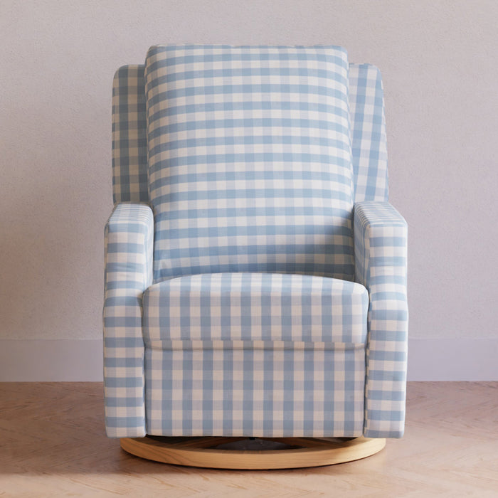 M22287BGHLB,Namesake,Crewe Recliner and Swivel Glider in Blue Gingham with Light Wood Base