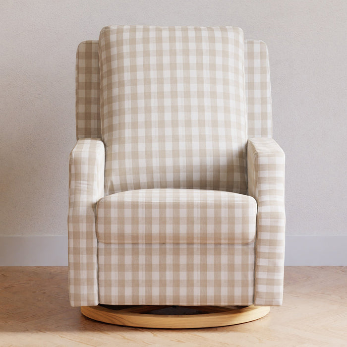 M22287TGHLB,Namesake,Crewe Recliner and Swivel Glider in Tan Gingham with Light Wood Base