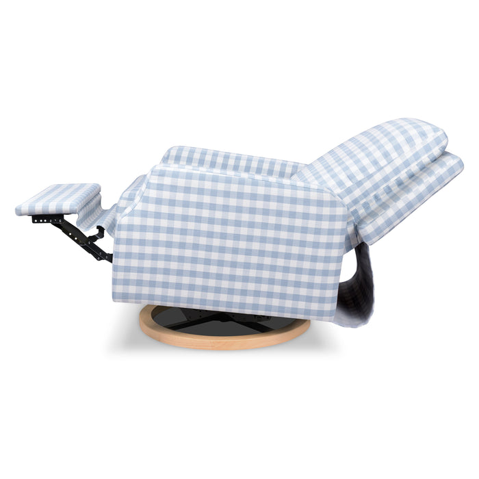 M22287BGHLB,Namesake,Crewe Recliner and Swivel Glider in Blue Gingham with Light Wood Base