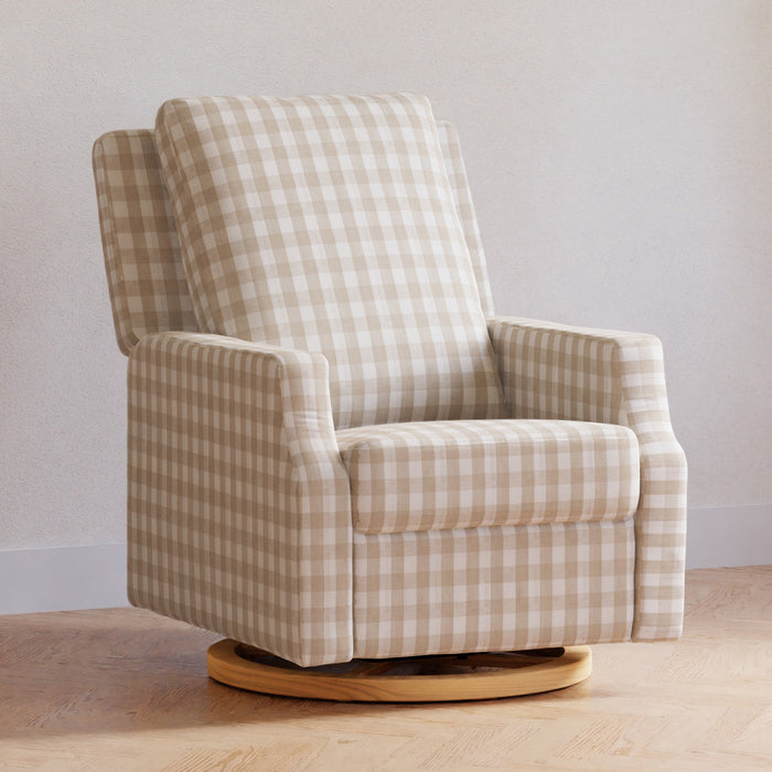 M22287TGHLB,Namesake,Crewe Recliner and Swivel Glider in Tan Gingham with Light Wood Base