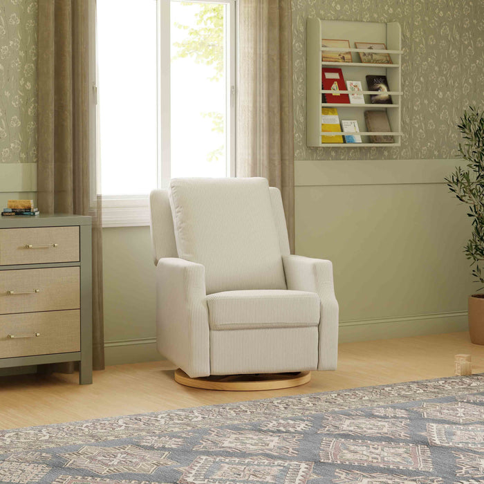 M22287FCSLB,Namesake,Crewe Recliner and Swivel Glider in Fog Chatham Stripe Performance Eco-Weave w/LB