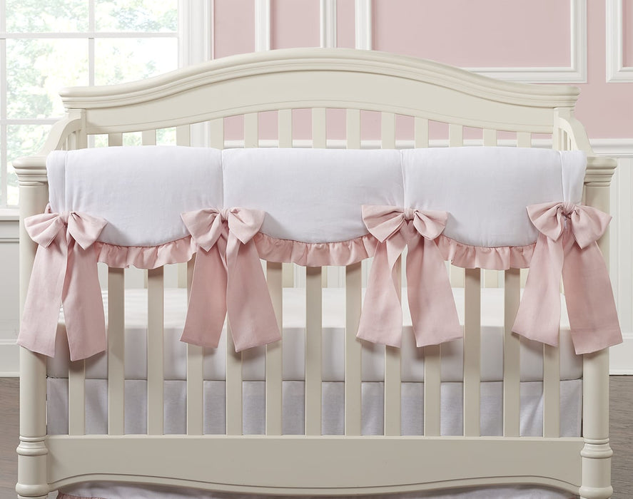 Liz and Roo All-White Scalloped Rail Cover with Pink Ruffle + 4 Pink Linen Bows