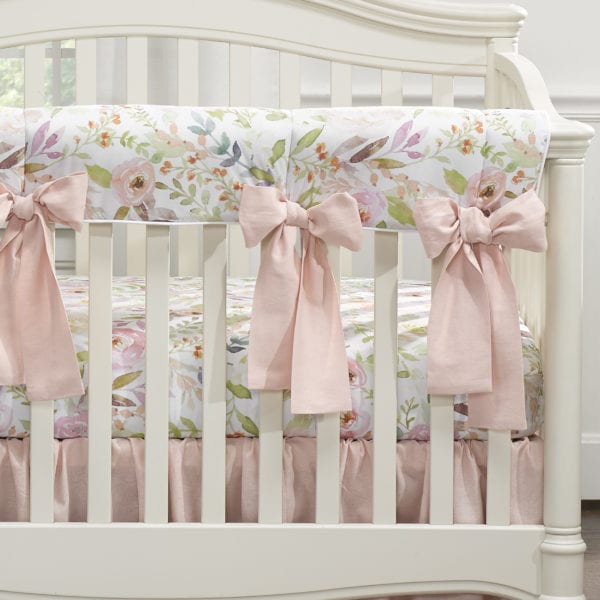 Liz and Roo Blush Watercolor Floral Crib Rail Cover With 4 Pre-Tied Oversized Bows