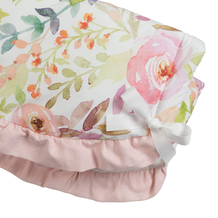 Liz and Roo Blush Watercolor Scalloped Rail Cover with Petal Pink Ruffle