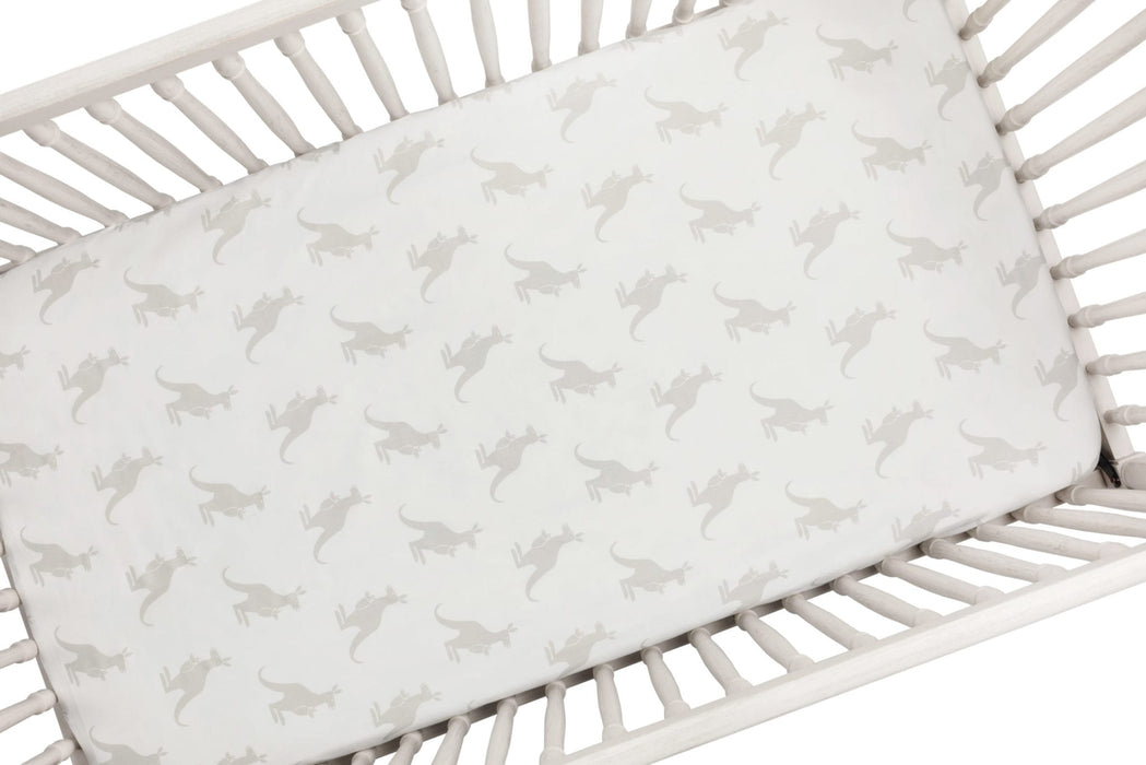 Liz and Roo Kangaroo Crib Sheet in French Gray | 100% Cotton Twill