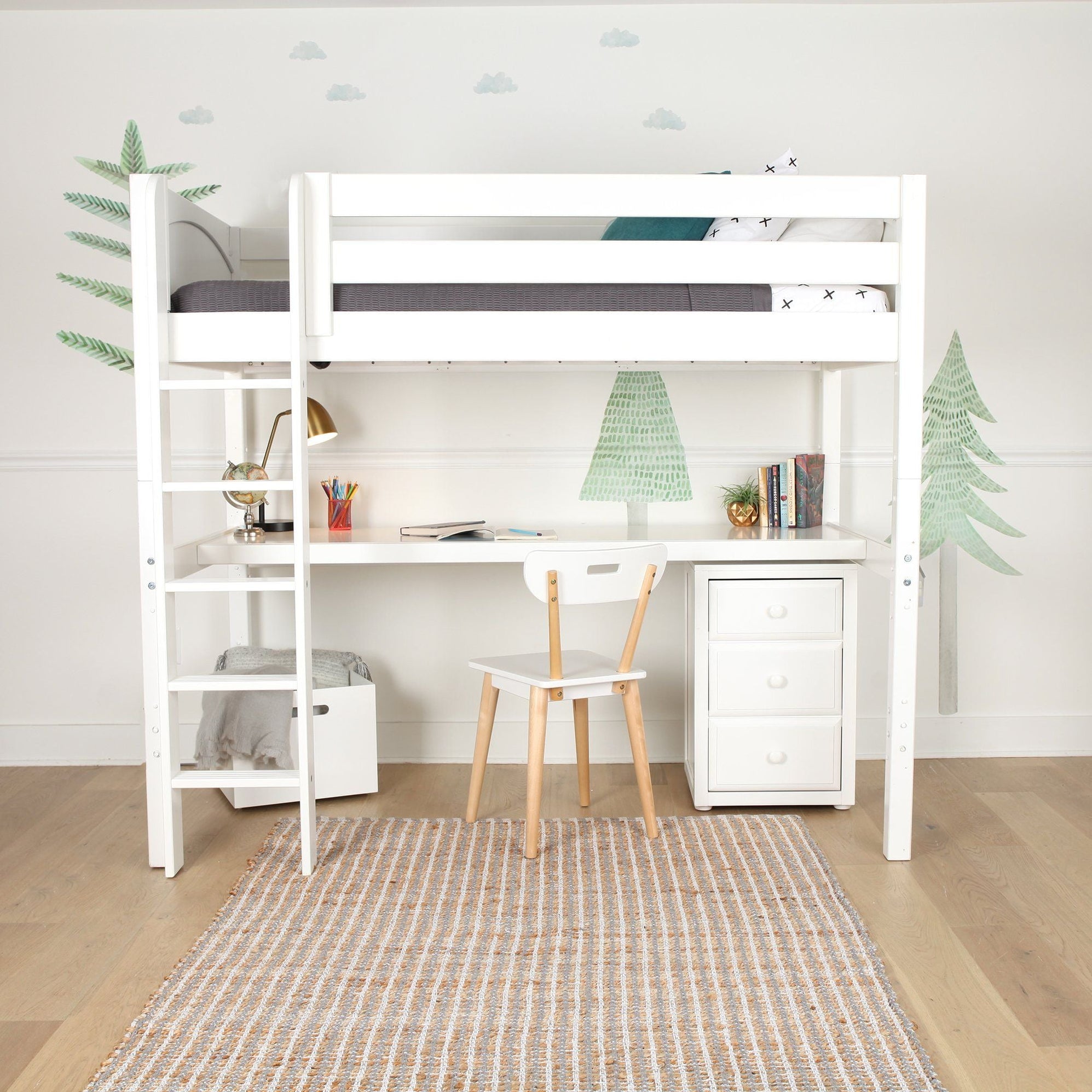 Maxtrix Twin High Loft Bed with Straight Ladder and Long Desk — Decor4Kids